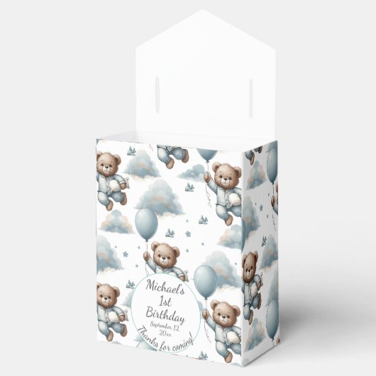 Teddybeer in blauwe pyjama verjaardag bedankdoosjes (Geopend)