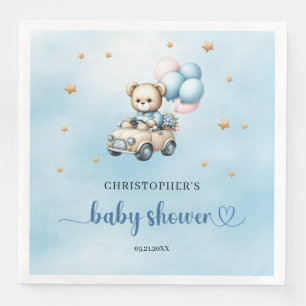 Teddybeer in een baby shower van een autojongen servet