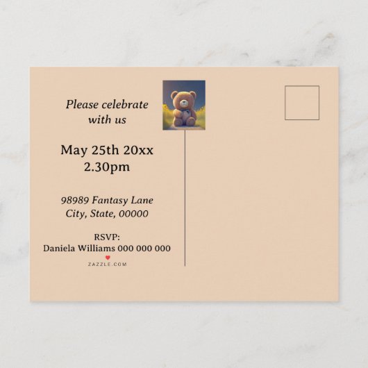 Teddybeer in een weide, schattig kinder elke leeft uitnodiging briefkaart (Achterkant)