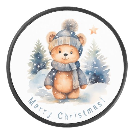 Teddybeer in het bos, gepersonaliseerd hockey puck (Voorkant)