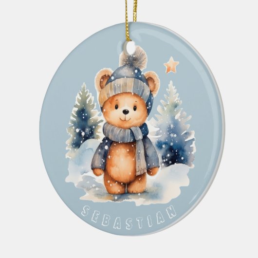 Teddybeer in het bos, gepersonaliseerd keramisch ornament (Links)
