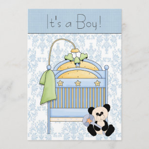 Teddybeer in ledikantje Blauw damast baby shower Kaart