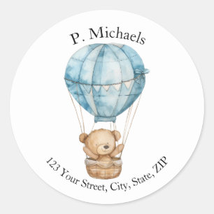 Teddybeer in luchtballon rond adresetiket ronde sticker