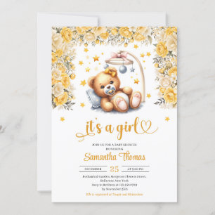 Teddybeer in wieg gele bloemen meisje baby shower kaart