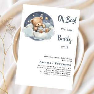 Teddybeer jongen blauw maan Baby shower uitnodigin