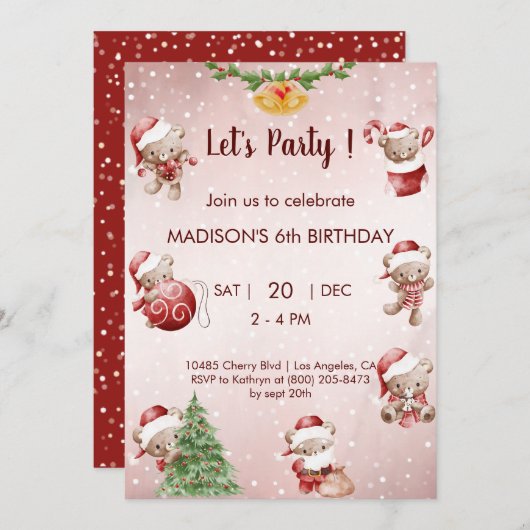 Teddybeer kerstverjaardag kaart (Voorkant / Achterkant)