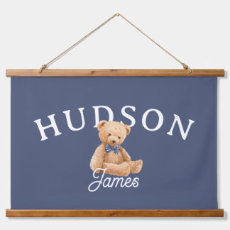Teddybeer kinderkamer naam bord blauw kinderkamer hangend wandkleed