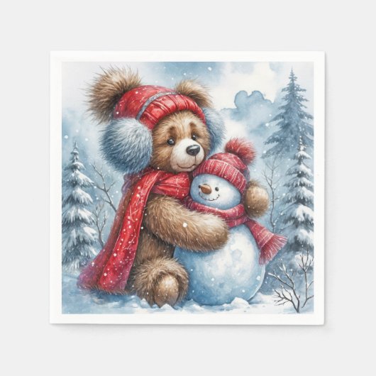 Teddybeer knuffelt een sneeuwpop servet (Voorkant)