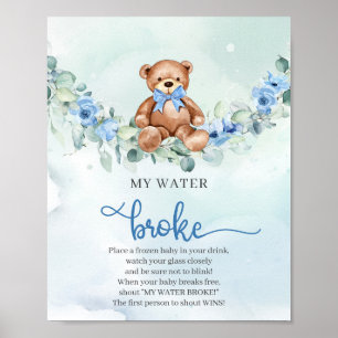 Teddybeer lichtblauw bloemenspel Mijn Water Broke  Poster