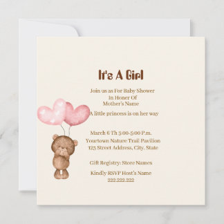 Teddybeer Meisje Baby Shower Kaart uitnodiging