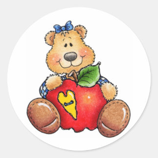 Teddybeer met appel ronde sticker