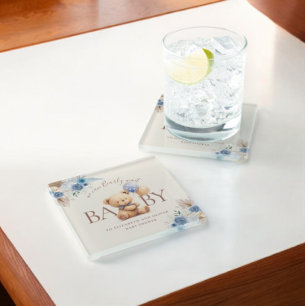 Teddybeer met ballon Boho blauw Roos Baby shower Glazen Onderzetter