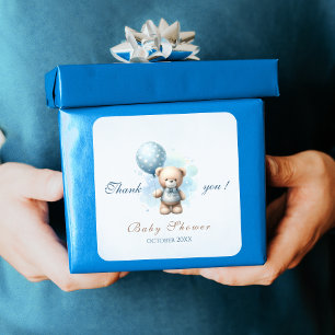 Teddybeer met blauwe ballon Baby Boy Shower Vierkante Sticker