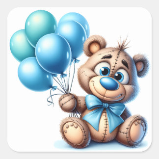 Teddybeer met Blauwe Ballonnen Baby Shower Vierkante Sticker