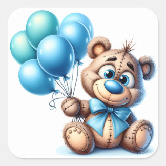 Teddybeer met Blauwe Ballonnen Baby Shower Vierkante Sticker