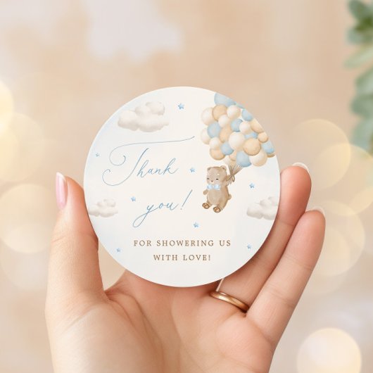 Teddybeer met blauwe ballonnen ronde sticker