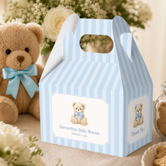 Teddybeer met blauwe strepen bedankt voor baby sho bedankdoosjes