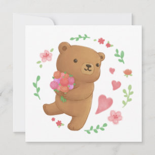 Teddybeer met bloemen kaart