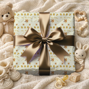 Teddybeer Met Gouden Crème Tekst Baby Shower Cadeaupapier