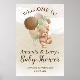 Teddybeer met groene en bruine ballonnen welkom poster