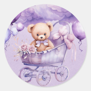 Teddybeer met lavendel koets meisje Baby shower Ronde Sticker