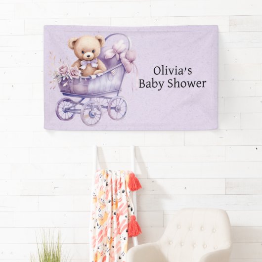 Teddybeer met lavendel koets meisje Baby shower Spandoek (Insitu)