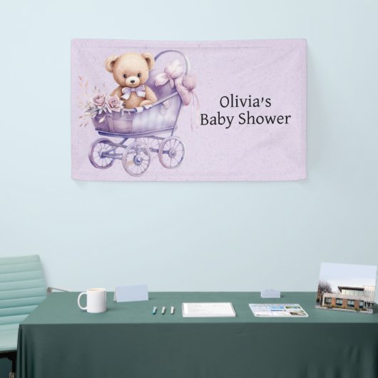 Teddybeer met lavendel koets meisje Baby shower Spandoek (Beurs)