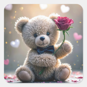 Teddybeer met rode roos vierkante sticker