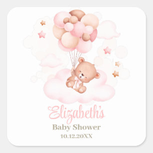Teddybeer met roze ballonnen Baby shower Vierkante Sticker