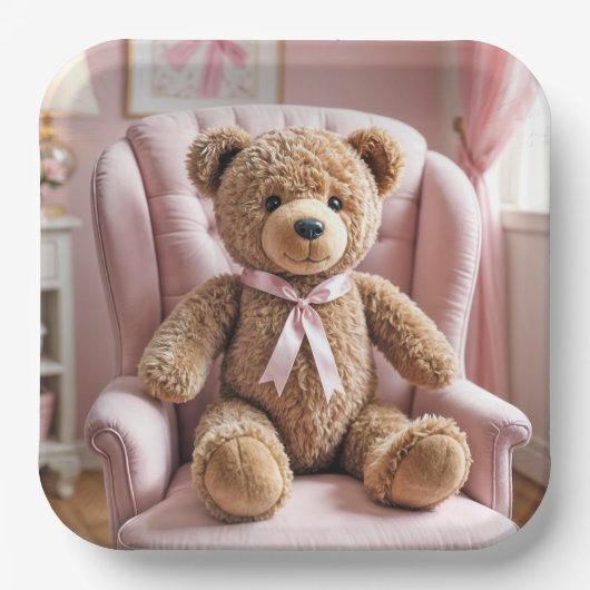 Teddybeer met roze strik papieren bordje (Voorkant)