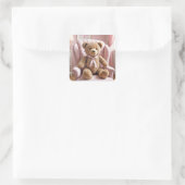 Teddybeer met roze strik vierkante sticker (Tas)
