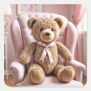 Teddybeer met roze strik vierkante sticker