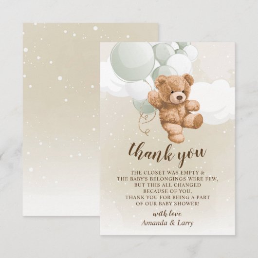 Teddybeer met salie ballonnen bedankje bedankkaart (Voorkant / Achterkant)