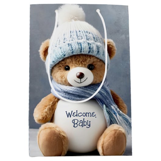 Teddybeer met sjaal en Pet Medium Cadeauzakje (Voorkant)