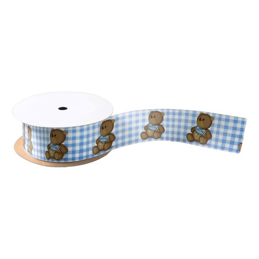 Teddybeer met slabbetje op Blue Gingham Lint (Spoel)