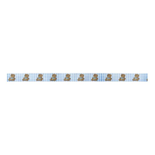 Teddybeer met slabbetje op Blue Gingham Lint (Voorkant)
