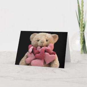 Teddybeer met stoffen hartjes wenskaart kaart