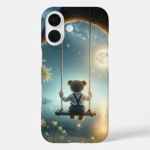 Teddybeer op een boomschommel met vuurvliegjes iPhone 16 hoesje