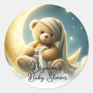 Teddybeer op maan glinsterende sterren babyshower ronde sticker