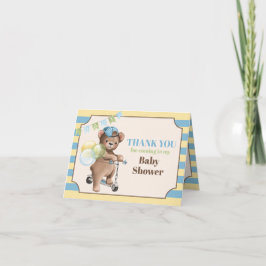 Teddybeer op scooter, gestreept Baby shower Bedankkaart