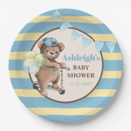 Teddybeer op scooter, gestreept Baby shower Papieren Bordje
