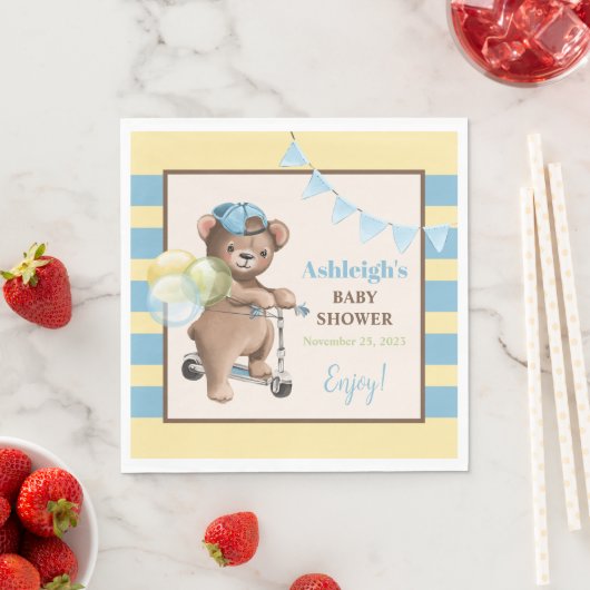 Teddybeer op scooter, gestreept Baby shower Servet (Insitu)