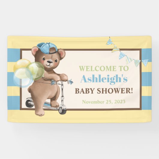 Teddybeer op scooter, gestreept Baby shower Spandoek (Horizontaal)