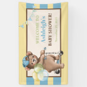 Teddybeer op scooter, gestreept Baby shower Spandoek (Verticaal)