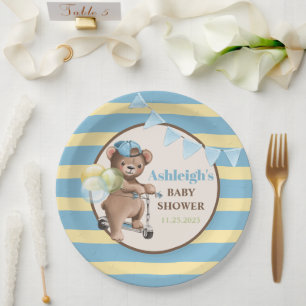 Teddybeer op Scooter, Gestreepte Baby Shower Papieren Bordje