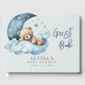 Teddybeer over het Moon Blue Baby shower Gastenboek (Voorkant)