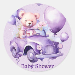 Teddybeer Paarse ballonnen auto meisje Baby shower Ronde Sticker