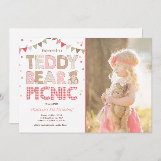 Teddybeer picknick meisje verjaardag uitnodiging r (Voorkant / Achterkant)