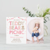 Teddybeer picknick meisje verjaardag uitnodiging r (Staand voorkant)