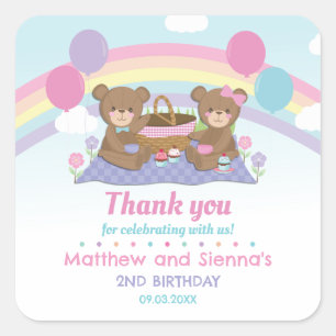 Teddybeer picknick regenboog tweeling jongen meisj vierkante sticker